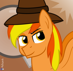 Size: 4098x4000 | Tagged: safe, artist:melisareb, imported from derpibooru, oc, oc only, oc:firey ratchet, pegasus, pony, .svg available, absurd resolution, detective, dreamworks face, gradient background, hat, magnifying glass, male, solo, stallion, vector, wings