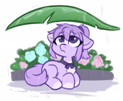 Size: 2897x2384 | Tagged: safe, artist:colorfulcolor233, artist:oofycolorful, imported from derpibooru, oc, oc only, oc:mio, earth pony, pony, floppy ears, flower, high res, leaf, pale belly, rain, solo