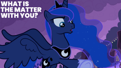 Size: 1920x1080 | Tagged: safe, edit, edited screencap, editor:quoterific, imported from derpibooru, screencap, princess luna, alicorn, pony, luna eclipsed, season 2, crown, female, jewelry, mare, night, open mouth, regalia, solo