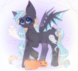 Size: 1100x1010 | Tagged: safe, artist:saltyvity, imported from derpibooru, oc, oc only, bat pony, ghost, ghost pony, pegasus, pony, undead, bat pony oc, bat wings, cute, halloween, holiday, pumpkin, solo, sparkles, wings