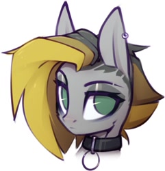 Size: 1027x1066 | Tagged: safe, artist:justafallingstar, imported from derpibooru, oc, oc only, oc:tlen borowski, pegasus, pony, bust, collar, collar ring, ear piercing, earring, explicit source, female, jewelry, looking at you, mare, piercing, portrait, solo