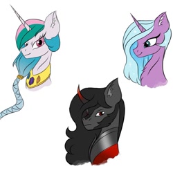 Size: 763x763 | Tagged: safe, artist:droopihorn, idw, imported from derpibooru, king sombra, princess celestia, radiant hope, alicorn, pony, unicorn, alternate hairstyle, braid, bust, chest fluff, curved horn, ear fluff, eyelashes, female, horn, male, mare, peytral, simple background, stallion, white background