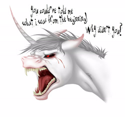 Size: 2255x2105 | Tagged: safe, artist:eperyton, imported from derpibooru, oc, oc only, pony, unicorn, angry, black sclera, blood, crying, fangs, high res, horn, male, open mouth, simple background, solo, stallion, talking, tears of blood, unicorn oc, white background
