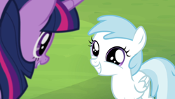 Size: 1280x720 | Tagged: safe, imported from derpibooru, screencap, cotton cloudy, twilight sparkle, alicorn, pegasus, pony, season 4, trade ya, behaving like a dog, cotton cloudy reveals, cottonbetes, cute, female, filly, grin, mare, open mouth, smiling, twilight sparkle (alicorn)