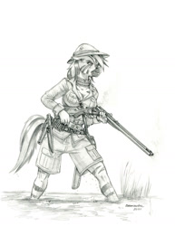 Size: 1100x1423 | Tagged: safe, artist:baron engel, imported from derpibooru, oc, oc only, oc:ujazira, anthro, zebra, belt, belt buckle, breasts, cleavage, clothes, explorer outfit, female, grayscale, gun, hat, mare, marsh, monochrome, pencil drawing, pith helmet, reloading, rifle, safari hat, solo, story included, traditional art, weapon, zebra oc