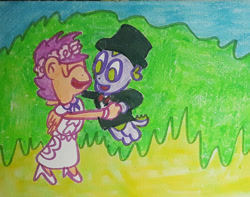 Size: 1280x1010 | Tagged: safe, artist:dex stewart, imported from derpibooru, scootaloo, spike, anthro, dragon, pegasus, pony, a canterlot wedding, clothes, dancing, female, floral head wreath, flower, flower filly, flower girl, flower girl dress, hat, male, marriage, scootaspike, shipping, straight, tuxedo, wedding