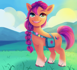 Size: 5004x4500 | Tagged: safe, artist:saphypone, imported from derpibooru, sunny starscout, earth pony, pony, absurd resolution, bag, braid, cloud, coat markings, cute, female, g5, grass, looking at you, mare, mountain, open mouth, signature, sky, socks (coat markings), solo, sunnybetes, unshorn fetlocks