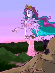 Size: 737x984 | Tagged: safe, artist:xjleiu, imported from derpibooru, princess celestia, sci-twi, twilight sparkle, bird, equestria girls, backpack, clothes, crown, dress, duo, female, forest, giantess, giantlestia, goddess, jewelry, macro, mountain, regalia
