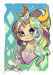 Size: 700x1000 | Tagged: safe, artist:duckjifs246, imported from derpibooru, oc, oc only, oc:vedalia, changepony, hybrid, mantis, pony, abstract background, bust, eye clipping through hair, female, mare, solo