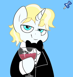 Size: 4000x4215 | Tagged: safe, artist:2k.bugbytes, artist:etherium-apex, imported from ponybooru, oc, oc:rosin bow, pony, unicorn, acres avatar, alcohol, base used, clothes, glass, male, simple background, solo, tuxedo, wine, wine glass