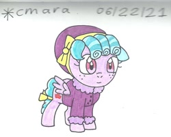 Size: 916x738 | Tagged: safe, artist:cmara, imported from derpibooru, cozy glow, pegasus, pony, clothes, coat, female, filly, freckles, hat, simple background, solo, traditional art, white background