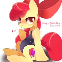 Size: 768x768 | Tagged: safe, artist:erufi, imported from derpibooru, apple bloom, earth pony, pony, blushing, clothes, female, filly, floating heart, happy birthday, heart, looking at you, offscreen character, one-piece swimsuit, pov, solo, swimsuit