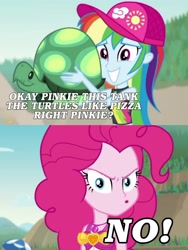 Size: 1717x2284 | Tagged: safe, edit, edited screencap, imported from derpibooru, screencap, pinkie pie, rainbow dash, human, tortoise, turtle, aww... baby turtles, equestria girls, equestria girls series, friendship math, angry, angry pinkie pie, clothes, no, pinkie pie is not amused, pinkie rage, swimsuit, unamused