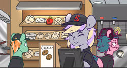 Size: 1906x1032 | Tagged: safe, alternate version, artist:chub-wub, imported from derpibooru, oc, oc only, unnamed oc, earth pony, pony, unicorn, burger, cash register, clothes, drink, eyes closed, fast food, female, food, french fries, glowing horn, hat, headset, horn, magic, male, mare, soda, stallion, trio, uniform, 🅱