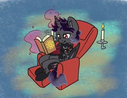 Size: 2475x1913 | Tagged: safe, artist:leadhooves, imported from derpibooru, king sombra, oc, oc only, alicorn, pony, unicorn, armchair, bat wings, book, chair, commission, ethereal mane, freckles, levitation, magic, male, plushie, reading, sitting, solo, stallion, telekinesis, wings