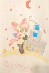 Size: 1389x2048 | Tagged: safe, artist:applebloomlove, imported from derpibooru, apple bloom, earth pony, pony, castle, female, filly, halloween, heart, holiday, pumpkin, scythe, solo