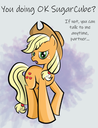 Size: 2550x3300 | Tagged: safe, artist:vareb, imported from derpibooru, applejack, earth pony, pony, cel shading, high res, looking at you, positive ponies, ryzada, shading, talking to viewer, text