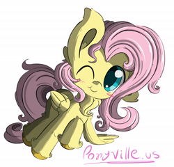 Size: 2600x2500 | Tagged: safe, artist:hisp, imported from derpibooru, fluttershy, fluffy pony, pegasus, pony, adorable face, blushing, cute, daaaaaaaaaaaw, fluffy, high res, leaning on something, long hair, neck fluff, one eye closed, shyabetes, simple background, solo, url, wink