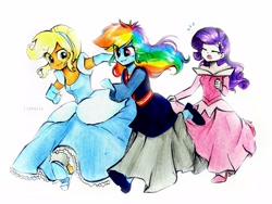 Size: 3709x2782 | Tagged: safe, artist:liaaqila, imported from derpibooru, applejack, rainbow dash, rarity, equestria girls, and then there's rarity, applejack also dresses in style, cinderella, clothes, clothes swap, commission, costume, crossover, disney, disney princess, dress, evening gloves, female, gloves, gown, hairband, high heels, high res, long gloves, mulan, princess applejack, princess aurora, princess costume, rainbow dash always dresses in style, running, shoes, sleeping beauty, traditional art, trio, trio female, watercolor painting