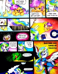 Size: 2733x3490 | Tagged: safe, artist:liaaqila, imported from derpibooru, princess celestia, scootaloo, alicorn, pegasus, pony, cannon, comic, cute, duo, duo female, female, filly, glowing, glowing horn, high res, horn, magic, mare, match, one eye closed, pony cannonball, scootaloo can't fly, telekinesis, thumbs up, to the moon, trapdoor, trollestia, wings, wink