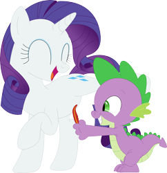 Size: 3429x3544 | Tagged: safe, artist:porygon2z, imported from derpibooru, rarity, spike, dragon, pony, unicorn, belly tickling, duo, eyes closed, feather, female, grin, high res, laughing, male, mare, open mouth, open smile, sharp teeth, shipping, simple background, smiling, sparity, standing on two hooves, straight, teeth, tickling, transparent background, vector