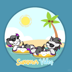 Size: 1000x1000 | Tagged: safe, artist:sugar morning, imported from derpibooru, oc, oc only, oc:haze rad, oc:hazel radiate, pony, unicorn, animated, aviator glasses, aviator sunglasses, aviators, beach, colored hooves, commission, commissioner:biohazard, drink, duo, eyes closed, eyewear, female, floatie, floating, floaty, gif, highlights, horn, inflatable, inflatable toy, male, mare, palm tree, ponytail, pool toy, relaxing, self ponidox, smiling, stallion, straw, sugar morning's summer vibes, summer, sun, sunglasses, sunglasses on head, text, tree, unicorn oc, ych result