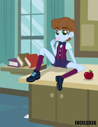 Size: 2550x3300 | Tagged: safe, artist:excelso36, imported from derpibooru, imported from ponybooru, oc, oc only, oc:blue bonnet, human, equestria girls, apple, bowtie, classroom, clothes, crystal prep academy uniform, food, high res, kid, school uniform, shorts, sock, solo