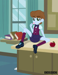 Size: 2550x3300 | Tagged: safe, alternate version, artist:excelso36, edit, imported from derpibooru, imported from ponybooru, oc, oc only, oc:blue bonnet, human, equestria girls, apple, bowtie, classroom, clothes, crystal prep academy uniform, diaper, diaper edit, diaper fetish, fetish, food, high res, kid, non-baby in diaper, school uniform, shorts, sock, socks, solo