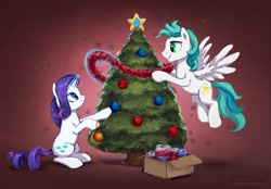 Size: 2640x1836 | Tagged: safe, artist:thebowtieone, imported from derpibooru, rarity, oc, pegasus, pony, unicorn, christmas, christmas tree, flying, holiday, tree