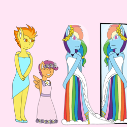 Size: 2048x2048 | Tagged: safe, artist:mintymelody, imported from derpibooru, rainbow dash, scootaloo, spitfire, anthro, clothes, dress, high res, implied shipping, implied soarindash, implied straight, marriage, veil, wedding, wedding dress