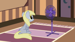 Size: 1920x1080 | Tagged: safe, artist:kusochekcat, imported from derpibooru, derpy hooves, pegasus, pony, animated, carpet, electric fan, female, g4, gif, mare, mlp style, show accurate, sitting, smiling, solo