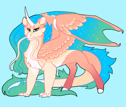 Size: 2600x2200 | Tagged: safe, artist:loryska, imported from derpibooru, oc, oc only, draconequus, blue background, high res, interspecies offspring, offspring, parent:princess celestia, parents:canon x oc, simple background, solo