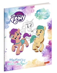 Size: 386x500 | Tagged: safe, imported from derpibooru, hitch trailblazer, izzy moonbow, sunny starscout, earth pony, pony, unicorn, spoiler:g5, book, book cover, coloring book, cover, female, g5, harpercollins, male, mare, my little pony logo, official, polish, stallion