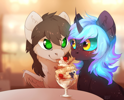 Size: 1920x1551 | Tagged: safe, artist:reysi, imported from derpibooru, oc, oc only, oc:fiery comet, pegasus, pony, unicorn, food, looking at each other, sundae, table