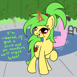 Size: 2000x2000 | Tagged: safe, artist:dafiltafish, imported from derpibooru, oc, oc only, oc:piña, pony, unicorn, alcohol, high res, inflatable toy, looking at you, magic, martini, solo, swimming pool, text