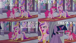 Size: 1280x720 | Tagged: safe, edit, edited screencap, editor:quoterific, imported from derpibooru, screencap, pinkie pie, princess cadance, queen chrysalis, twilight sparkle, alicorn, changeling, changeling queen, earth pony, pony, unicorn, a canterlot wedding, season 2, ^^, crown, cute, cutedance, disguise, disguised changeling, eyes closed, female, jewelry, mare, open mouth, regalia, smiling, unicorn twilight