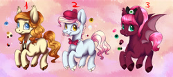 Size: 6195x2772 | Tagged: safe, artist:eperyton, imported from derpibooru, oc, oc only, bat pony, earth pony, pony, abstract background, bat pony oc, bat wings, bowtie, cloven hooves, colored hooves, earth pony oc, facial hair, female, hat, male, mare, moustache, smiling, stallion, wings