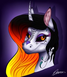 Size: 1194x1370 | Tagged: safe, artist:eperyton, imported from derpibooru, oc, oc only, pony, unicorn, black sclera, curved horn, ear fluff, gradient background, horn, makeup, signature, smiling, solo, tattoo, unicorn oc