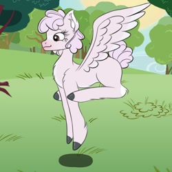 Size: 914x914 | Tagged: safe, artist:droopihorn, imported from derpibooru, oc, oc only, pegasus, pony, colored hooves, eyelashes, female, mare, outdoors, pegasus oc, pronking, smiling, solo, tree, wings