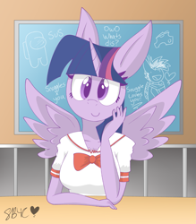 Size: 1147x1311 | Tagged: safe, artist:snuggleb4cuddle, imported from derpibooru, twilight sparkle, oc, alicorn, anthro, pegasus, among us, big ears, clothes, cute, female, male, mare, sailor uniform, solo, twiabetes, twilight sparkle (alicorn), uniform