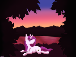 Size: 2001x1500 | Tagged: safe, artist:misskanabelle, imported from derpibooru, oc, oc only, oc:melodybeat, pony, unicorn, horn, lake, looking back, lying down, outdoors, prone, signature, smiling, solo, sploot, twilight (astronomy), unicorn oc