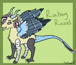 Size: 1750x1500 | Tagged: safe, artist:misskanabelle, imported from derpibooru, oc, oc only, oc:roxbury russet, draconequus, abstract background, adopted offspring, chest fluff, female, forked tongue, horns, offspring, parent:big macintosh, parent:fluttershy, parents:fluttermac, signature, solo, wings