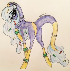 Size: 2396x2445 | Tagged: safe, artist:beamybutt, imported from derpibooru, oc, oc only, earth pony, fish, pony, coat markings, earth pony oc, eyelashes, female, high res, jewelry, mare, necklace, pearl necklace, raised hoof, signature, socks (coat markings), solo, traditional art