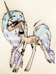 Size: 2088x2717 | Tagged: safe, artist:beamybutt, imported from derpibooru, oc, oc only, pony, unicorn, blushing, choker, eyelashes, female, high res, horn, mare, raised hoof, signature, solo, traditional art, unicorn oc