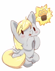 Size: 921x1191 | Tagged: safe, artist:bubbletea, imported from derpibooru, derpy hooves, pegasus, pony, background pony, best pony, blushing, chibi, chubby, cute, derp, derpabetes, doodle, food, g4, mailmare, mailpony, muffin, simple background, white background