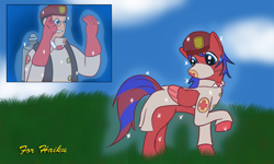 Size: 1250x750 | Tagged: safe, artist:ryusuta, imported from derpibooru, human, pony, beret, clothes, cloud, crossover, duo, glasses, hat, looking back, male, medic, outdoors, ponified, raised hoof, stallion, sweat, sweatdrop, team fortress 2, transformation, two toned wings, wings