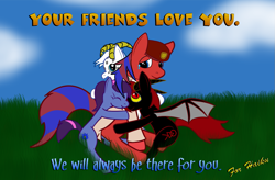 Size: 1187x779 | Tagged: safe, artist:ryusuta, imported from derpibooru, oc, bat pony, earth pony, pony, bat pony oc, bat wings, cloud, crying, earth pony oc, hat, horns, hug, male, medic, outdoors, ponified, smiling, stallion, team fortress 2, tears of joy, wings