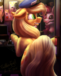 Size: 4000x5000 | Tagged: safe, artist:themessyfangirl, imported from derpibooru, applejack, pinkie pie, earth pony, pony, robot, robot pony, absurd resolution, animatronic, crossover, duo, five nights at freddy's, hat, security guard