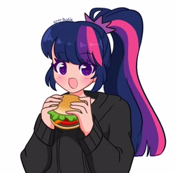 Size: 4096x4048 | Tagged: safe, artist:kittyrosie, imported from derpibooru, twilight sparkle, human, blushing, burger, cute, food, hamburger, humanized, lettuce, meat, ponytail, simple background, solo, tomato, twiabetes, twilight burgkle