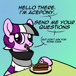 Size: 800x800 | Tagged: safe, artist:thedragenda, imported from derpibooru, oc, oc only, oc:ace, oc:ace pony, earth pony, pony, asexual, asexual pride flag, ask-acepony, cake, female, food, mare, pride, pride ponies, solo